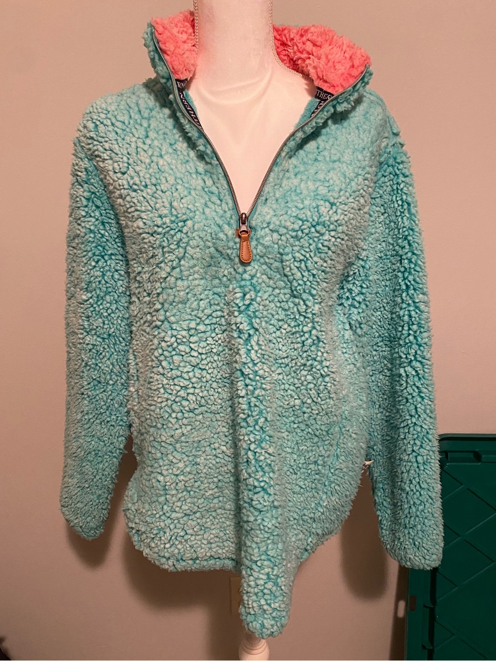 Cozy Sherpa Half-Zip Jacket in Aqua with Pink Lining by Simply Southern Size LG